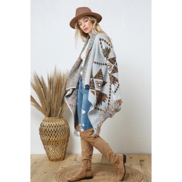 Sweaters - SOLD OUT Gray Open Drape Knit Geo Aztec Tribal Western Print Fringe Cardigan